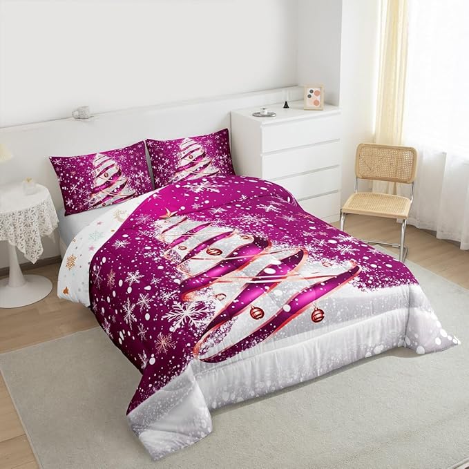Feelyou Merry Christmas Bedding Set Soft for Boys Girls, Christmas Tree Comforter Set Twin Size Snowflake Duvet Quilt Microfiber Winter Bedroom Decor 2 Pcs with 1 Pillow Cases