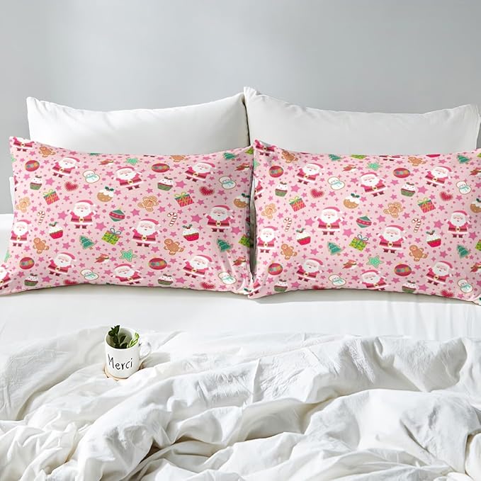 Feelyou Pink Christmas Duvet Cover Queen Size Cartoon Santa Claus Gingerbread Man Bedding Set for Boys Girls Snowman Xmas Decor Comforter Cover Reversible Pink Bedroom Decor 3Pcs