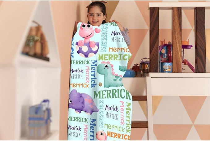 Dinosaur Lover Personalized Blanket with Custom Baby Dinosaur Custom Name Flannel Blanket Soft Throw Meaningful Gift for Toddlers Girls Boys Kids Pets 120 * 90" XL for Family