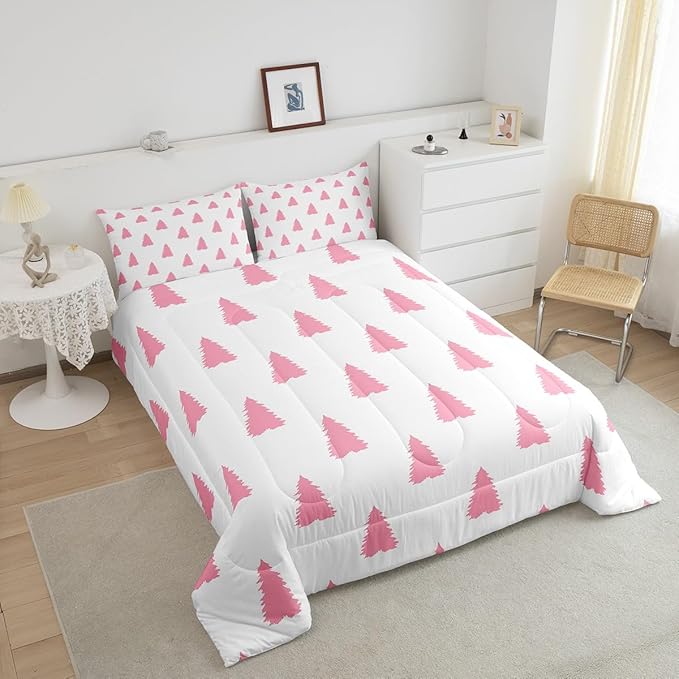 Feelyou Pink Christmas Trees Bedding Set for Kids Boys Girls Full Size Holiday Comforter Set Ultra Soft Winter Comforter Xmas Decor Duvet Quilt Bedroom Decor Christmas Ornaments Quilt