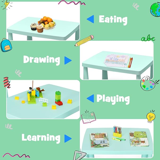 HONEY JOY Kids Table and Chair Set, Plastic Children Activity Table and 2 Chairs for Art Craft, Easy-Clean Tabletop, 3-Piece Toddler Furniture Set for Daycare Playroom, Gift for Boys Girls (Green)