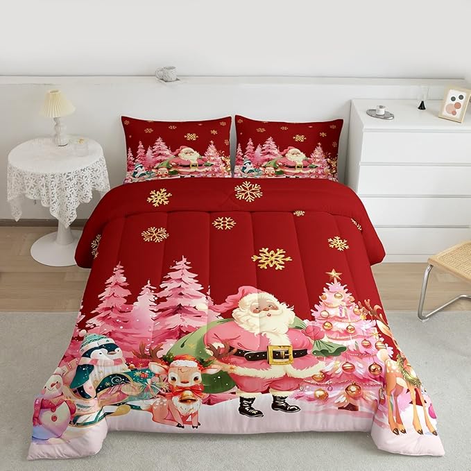 jejeloiu Merry Christmas Comforter Set Twin Size Santa Claus Bedding Set for Kids Boys Girls Cute Deer Duvet Quilt Red Bedroom Decor