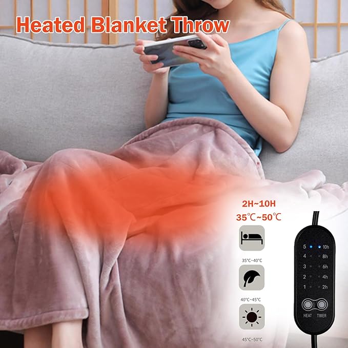 Portable Heated Blanket Throw - USB Charging Flannel Electric Blankets, Fast Heating Warming Winter Throw Blanket for Women, Machine Washable (Beige, 55X31 Inches)