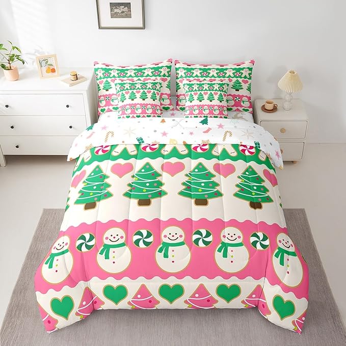 Feelyou Christmas Tree Bedding Set for Kids Boys Girls Cute Cartoon Gingerbread Man Bed in a Bag Snowman Bedding Set Decor Kawaii Xmas Theme Bed Set 7Pcs King Size