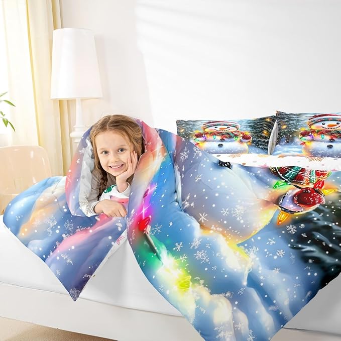 Lovely Snowman Kids Comforter Set Full Size,Xmas Colorful Lanterns Snowflake Bedding Set,Girls Boys Room Decor,Winter Merry Christmas Quilt Comforter,Rainbow Duvet Set Bedroom Quilt Set,2 Pillowcases