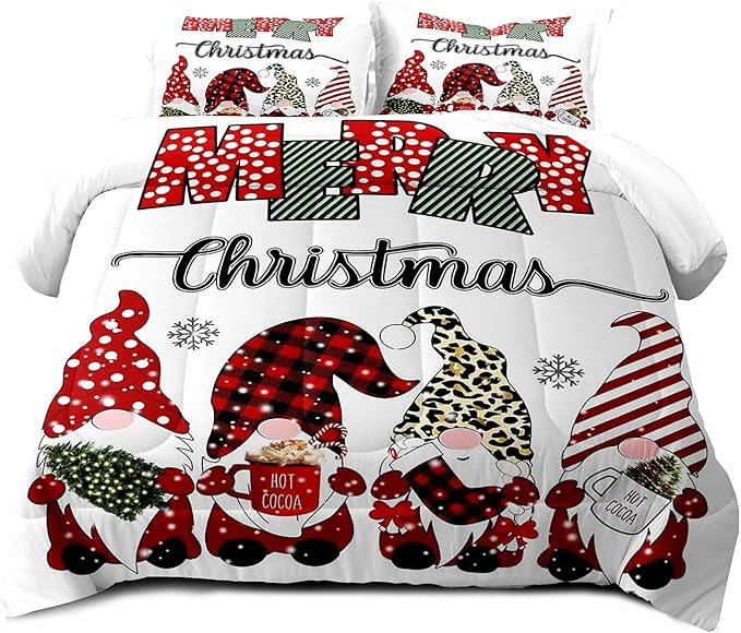 LUVIVIHOME 3PCS Merry Christmas Comforter Set Full Size, Cute Gnome Bedding, Red Buffalo Plaid Striped Holiday New Year Xmas Bedding, Boys Girls Teens Kids Bedroom Decor, White Quilt, 2 Pillow Cases