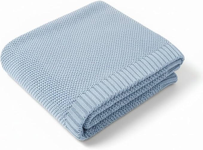 Baby Knit Blanket Soft Cotton Lightweight Newborn Blanket for Crib Stroller Toddler Nursery Shower Gift Cozy Breathable Travel Swaddle Wrap Baby Blue 36 x 28 Inches