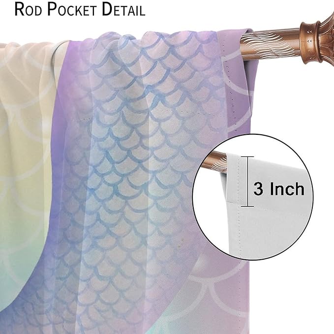 Dream Mermaid Curtains Colorful Mermaid Fish Tail Scale Fantasy Ocean Theme Beautiful Kids Window Treatment for Girls Bedroom Nursery Room Decor Rod Pocket Window Drapes 84x84in