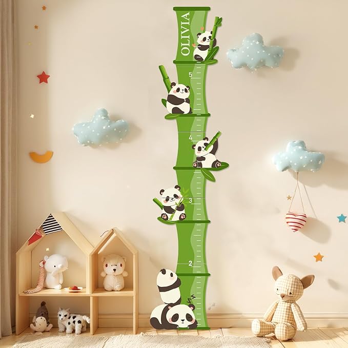 Personalized Name Growth Chart, Bamboo Panda Wooden Height Chart, Thick Height Measuring Board, Kids Height Tracker for Nursery Decor, Baby Boy Girl Measurement Ruler