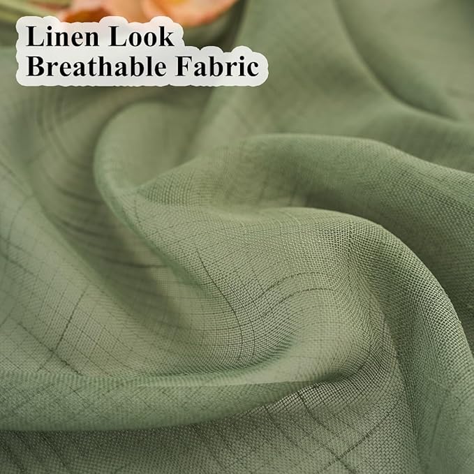 Sage Green Linen Look Sheer Curtains 84 Inches Long 2 Panels, Rustic Textured Light Filtering Drapes, Elegant Window Decor, Pinch Pleat Curtain with Hooks
