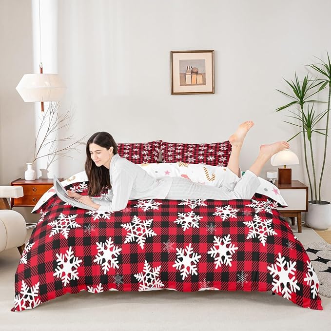 Christmas Kids Bedding Set Snowflake Xmas Theme Bedding Duvet Cover Set for Boys Girls Red Black Buffalo Check Decor Comforter Cover Set New Year Bedspread Cover Bedroom Quilt Cover 3Pcs King Size
