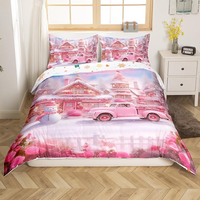Manfei Christmas Duvet Cover Set Full Size, Winter Snowman Truck Flower Bedding Set for Kids Girls Room Decor, New Year Pink Comforter Cover, Soft Polyester Quilt Cover, 2 Pillowcases, No Comforter