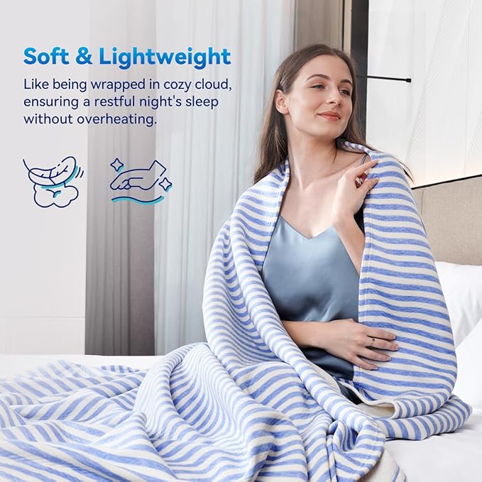 KAWAHOME 3D Air Mesh Cooling Lightweight Summer Blanket Twin Size for Hot Sleepers, Double-Layer Rayon Material and Breathable Stretchy Blankets for Bed, Couch, 66x90 inches, Blue Striped