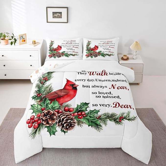 Red Cardinal Kids Bedding Set King Size,Christmas Birds Holly Pinecones Comforter Set,Berries Poinsettia Rustic Animal Quilt Comforter,White Red Green Bedroom Duvet Insert,2 Pillowcases