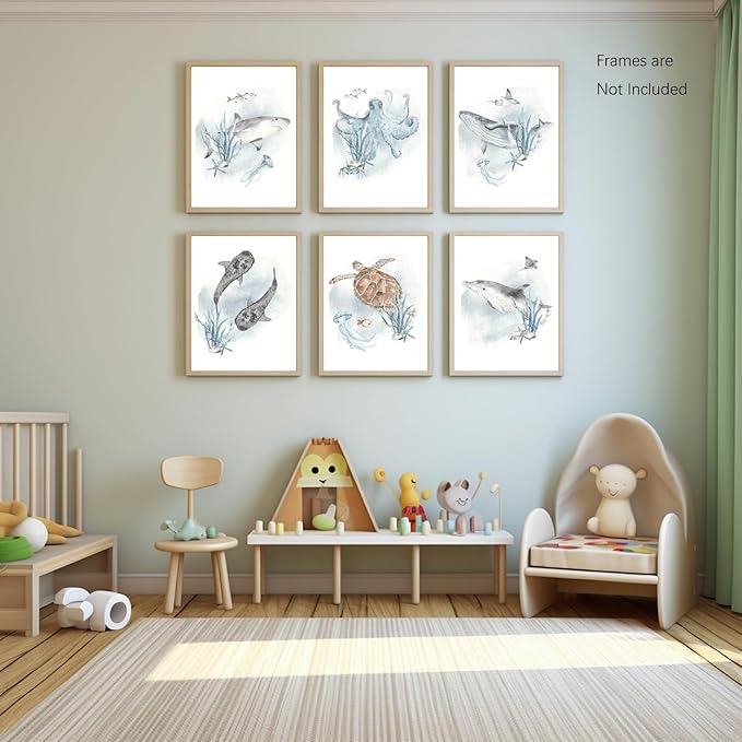 Wodkwq Nursery Wall Art Sea Animal Canvas Prints Baby Girl Boy Room Decor Watercolor Paintings Pictures Cute Ocean Theme Toddler Room Decoration Set of 6 for Kids Bedroom Bathroom 12x16in Unframed