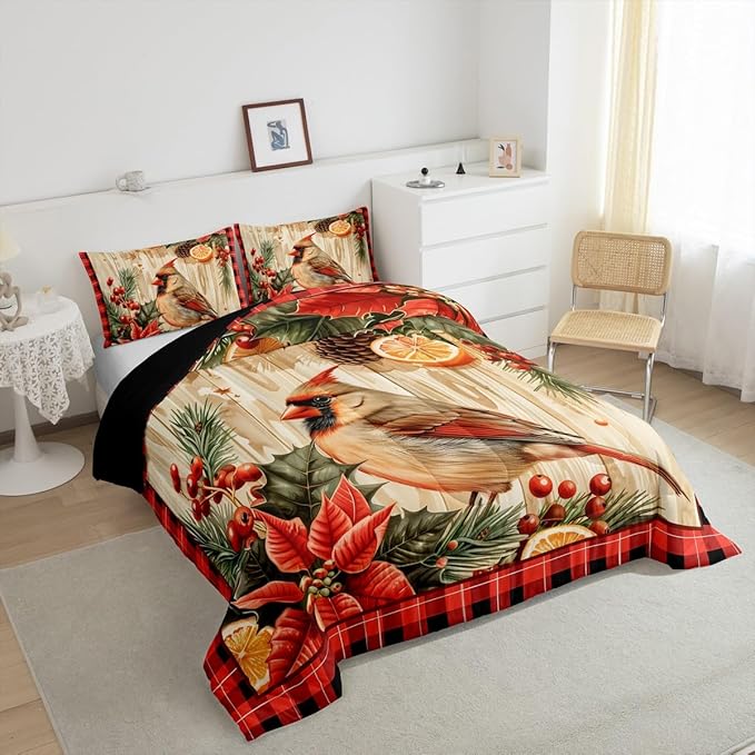 jejeloiu Kids Red Cardinal Comforter Set Full Size Christmas Red Black Plaid Flower Bedding Set for Boys Girls Teens Xmas Birds Animal Lemon Winter Wood Plank Duvet Quilt Room Decor