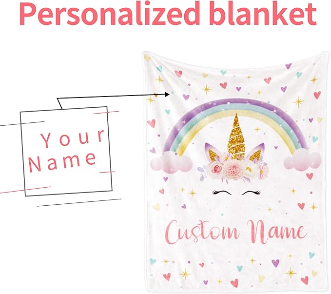 Personalized Unicorn Blanket with Name for Girl, Custom Kids, Soft Flannel Pink Toddler Customized Gift Birthday Christmas Baby Shower Newborn 30'' X 40''