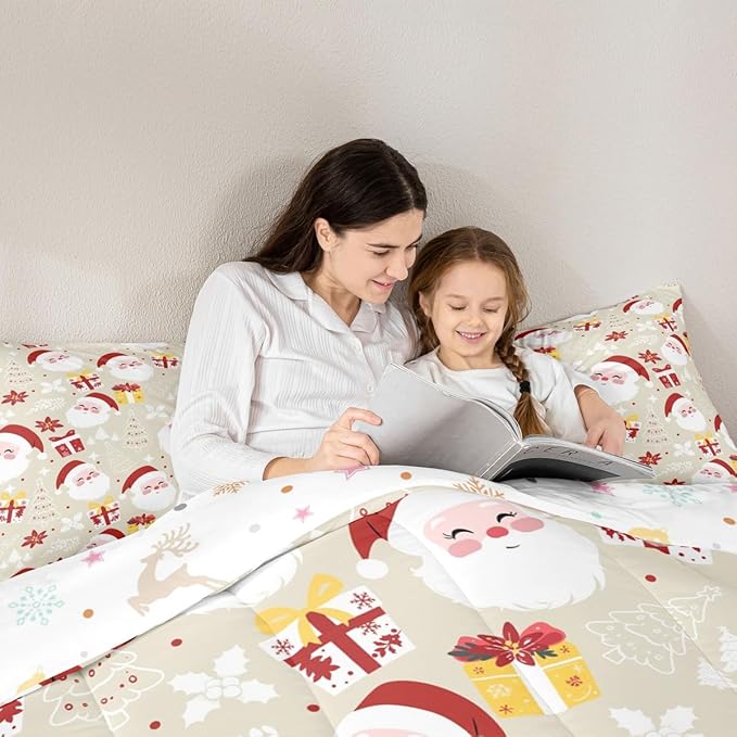jejeloiu Santa Claus Comforter Set Full Size Merry Christmas Bedding Set for Kids Boys Girls Xmas Themed Duvet Quilt Beige Bedroom Decor