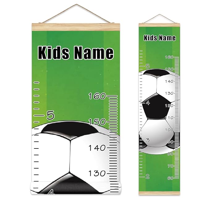 Personalized Kids Name Growth Chart Ruler for Wall Wood Frame Height Measure Chart 13.4x56 in Linen Hanging Height Growth Chart Football Soccer Kids Room Decor