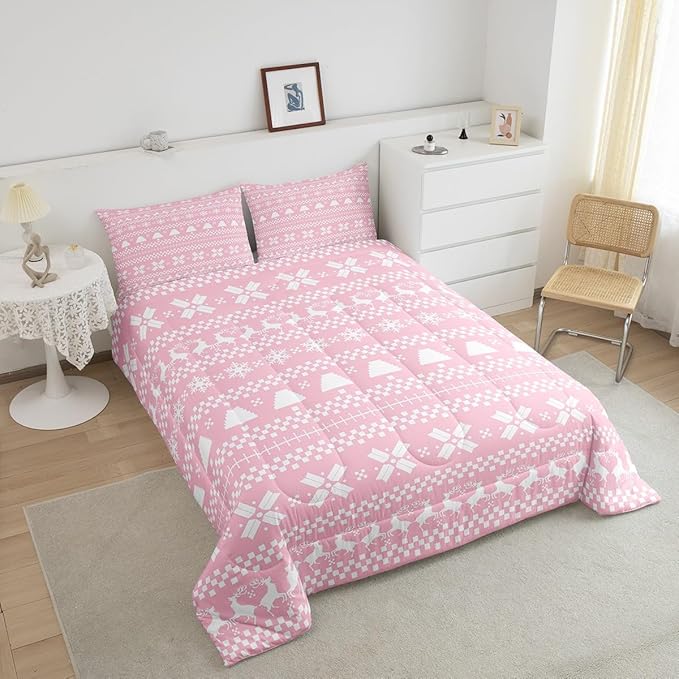 Feelyou Pink Christmas Bedding Set for Kids Boys Girls Queen Size Xmas Deer Elk Decor Comforter Set Ultra Soft Winter Comforter Snowflake Duvet Quilt Bedroom Decor Christmas Ornaments Quilt