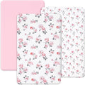 PHF 3 Pack Soft Mini Crib Sheets, Rose Floral Silky Pack N Play Sheets for Baby Boys Girls, Universal Fit for Pack N Play, Playard, Portable and Mini Crib Mattresses, Pink Floral