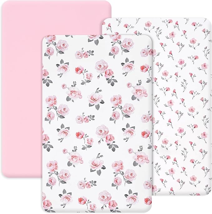 PHF 3 Pack Soft Mini Crib Sheets, Rose Floral Silky Pack N Play Sheets for Baby Boys Girls, Universal Fit for Pack N Play, Playard, Portable and Mini Crib Mattresses, Pink Floral