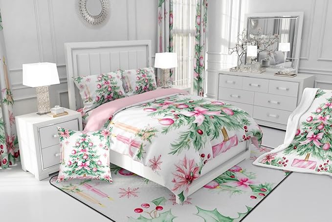 Feelyou Pink Christmas Comforter Set King Size Xmas Tree Bedding Set for Kids Boys Girls Xmas Ornaments Duvet Quilt Snowflake Bow Bedroom Decor Microfiber 3 Pcs with 2 Pillow Cases