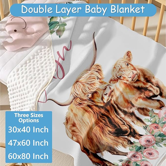 Custom Baby Crib Bedding Set, 5 Pcs Personalized Name Highland Cow Print Baby Crib Set, Double Layer Nursery Bedding Set for Baby Girls Boys, Ideal Gifts for Infant Toddler New Parents