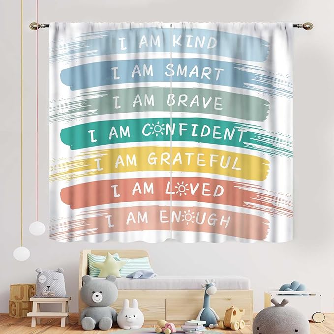Rainbow Curtains for Classroom, Kids Girls Baby Boho Cute Inspirational Motivational Quotes Cartoon Colorful Pastel Nursery Classroom Bedroom Living Room Bathroom Window Drapes 2 Panels, 42"x63" Inch