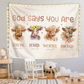 LIANGW Boho Highland Cow Christian Tapestry Wall Hanging for Nursery Decor, Inspirational Classroom Tapestries Aesthetic Boho Kids Room Decor for Bedroom Living Room Dorm, 50x60 inche