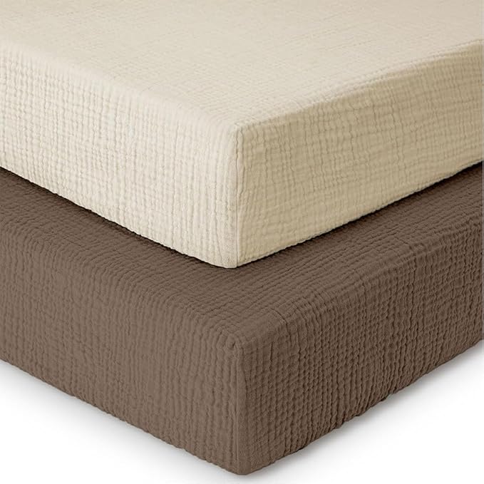 Mère & Moi Muslin Fitted Crib Sheets – 100% Cotton, Ultra-Soft & Breathable Baby Bedding for Standard Crib & Toddler Mattress (28” x 52”) - 2 Pack (Brown and Cream)