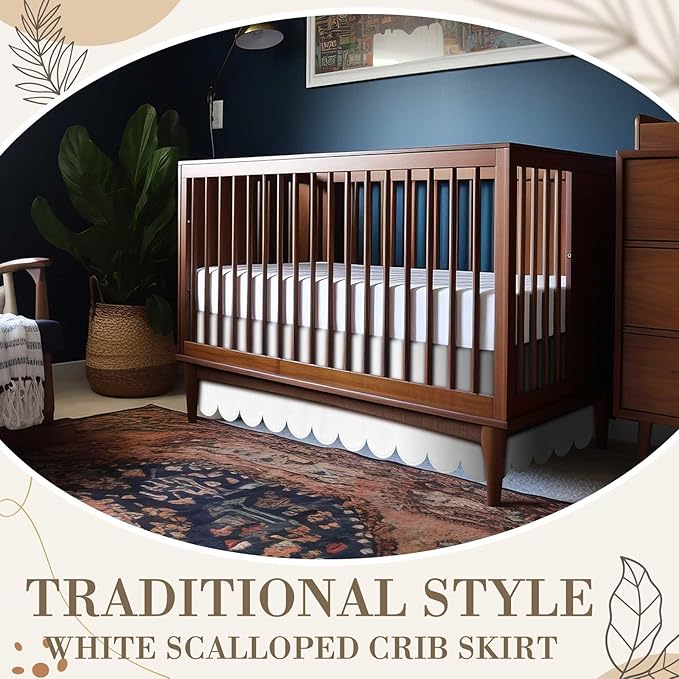 White Scalloped Crib Skirt 28"x 52" with 14" Drop Pleated Dust Ruffle with Split Corners for Baby Boys Girls Soft 4-Sided Crib Bed Skirt Nursery Standard Toddler Bedding
