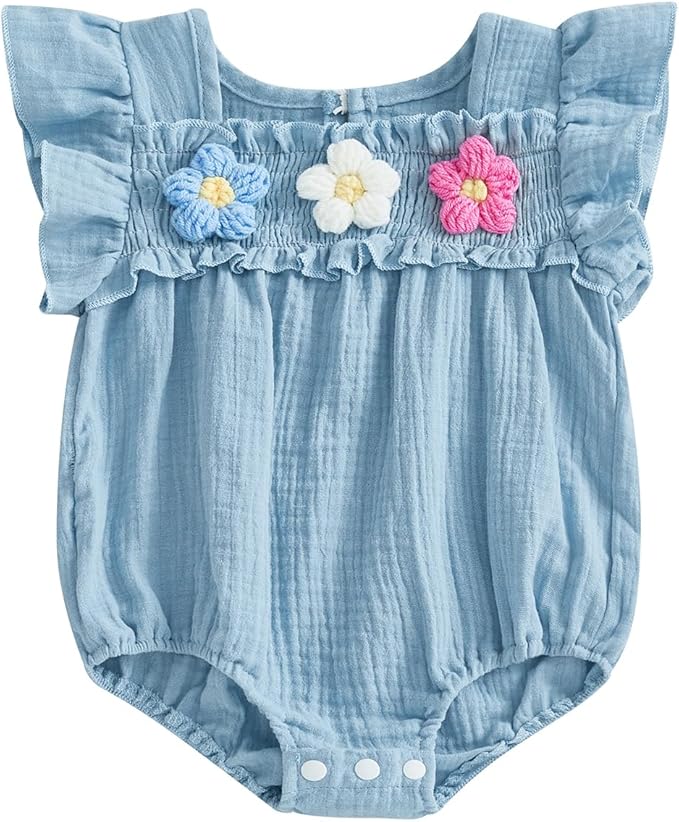 Gaono Newborn Baby Girl Smocked Bubble Romper Cute Boho Summer Clothes Ruffle Sleeveless Crochet Flower Vintage Bodysuit