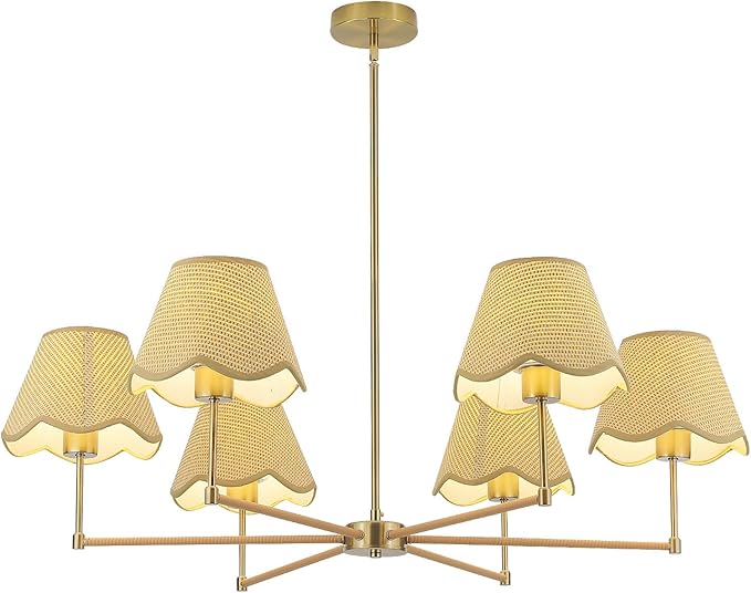 33.5in Farmhouse Rattan Chandelier Gold Large Pendant Light Fixture with Wicker Lampshade Boho Chandeliers for Living Room Dining Room Bedroom Entryway Kitchen Island