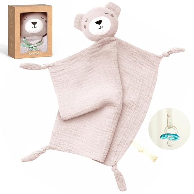 Momcozy Bear Loveys for Babies with Cotton - Soft Security Blanket for Boy or Girl for Self-Soothing On-The-Go-Portable & Anti-Drop Design - Newborn Gift，Must Have（Pink Bear 14 inch）