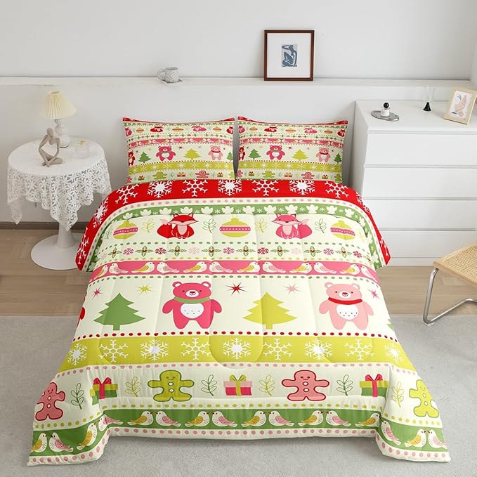 Erosebridal Merry Christmas Comforter Set Kids Twin Size Xmas Tree Decor Quilts Snowflake Bedding Set Cute Colourful Bear Duvet Insert with 1 Pillow Case
