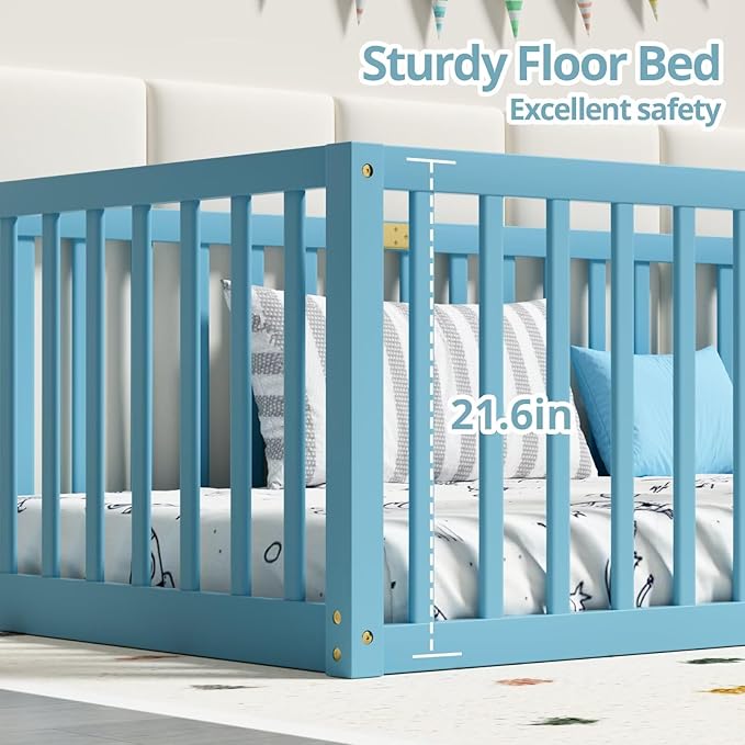 LLS Queen Size Floor Bed with 21.6" High Fence for Kids Boys Girls, Solid Wood Multifunctional Montessori Bed Frame with Door, Without Slats, Sky