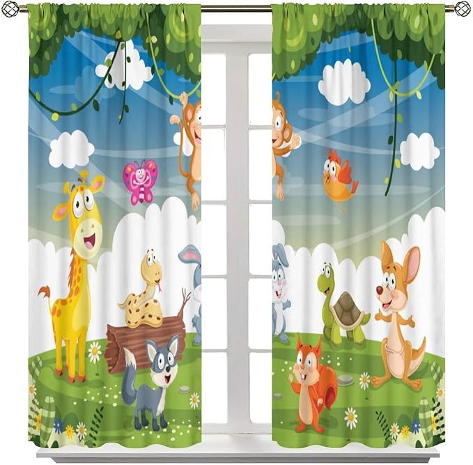 Animal Curtains, Cartoon Cute Woodland Jungle Forest Animals Pattern Blackout Window Treatments, Rod Pocket Thermal Insulated Drapes 2 Panel Sets for Kids Nursery Bedroom Classroom, 42" W X 54" L