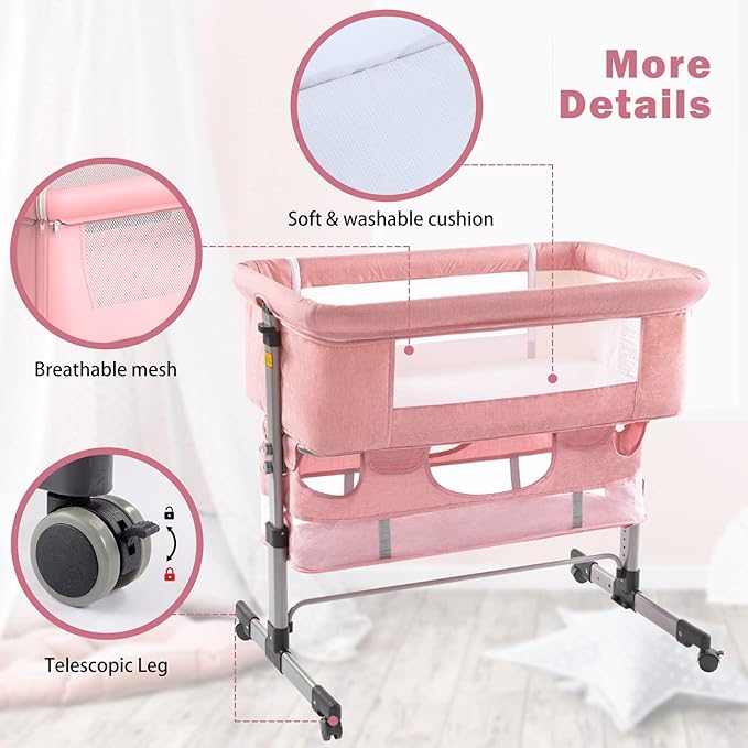 Ihoming Baby Bassinet Bedside Sleeper, Baby Bed Side Crib with Storage Basket, Easy Folding Bassinets, Adjustable Baby Bed for Infant Newborn, Pink