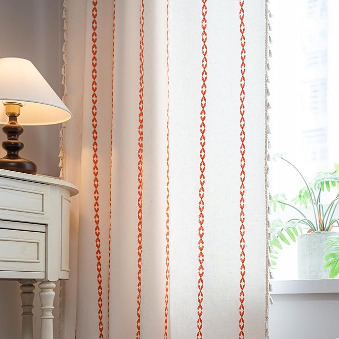 Deeprove Rust Orange Boho Curtains 63 inches Length for Living Room Bedroom Nursery, Vintage Chic Bohemian 63 inches Long Embroidery Farmhouse Tassel Privacy Window Treatments W52 x L63, 1 Panel