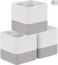 Storage Cotton Cubes 11 Inch, Woven Cotton Rope Storage Baskets for Toys Blanket Organizing, Storage Bins Decorative Organizer with Handles for Living Room Laundry Room Closet (3 Pack, Grey)