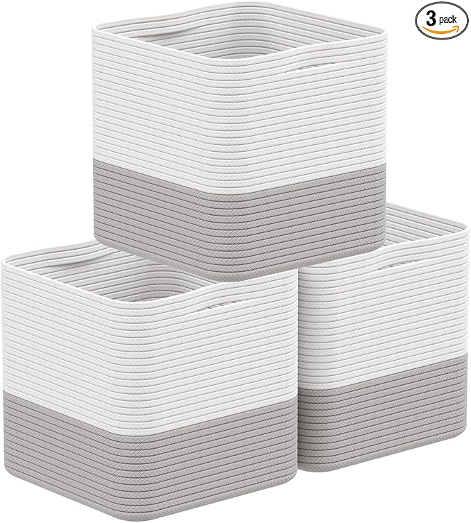 Storage Cotton Cubes 11 Inch, Woven Cotton Rope Storage Baskets for Toys Blanket Organizing, Storage Bins Decorative Organizer with Handles for Living Room Laundry Room Closet (3 Pack, Grey)