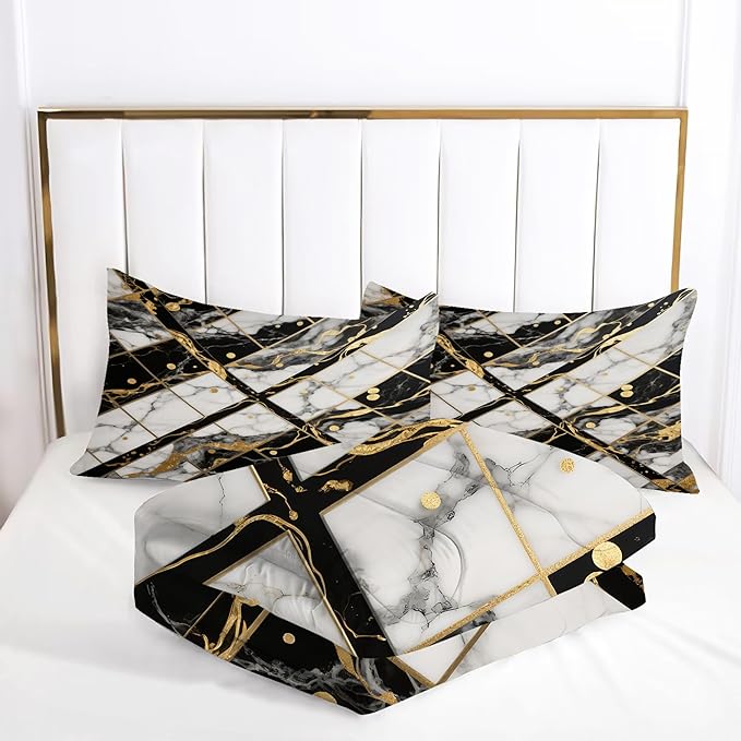 Black and White Marble Comforter: Queen Size Geometric Abstract Bedding Sets Gold Lines Marbling Quilts for Bedroom Decor 3PC Bed Set 1 Comforter & 2 Pillowcases