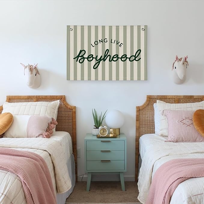 Long Live Boyhood Banner, Boy Nursery Decor, Canvas Banner Wall Hanging Flag Decor for Nursery Playroom Toddler Room, Boys Kids Room - Sage Green