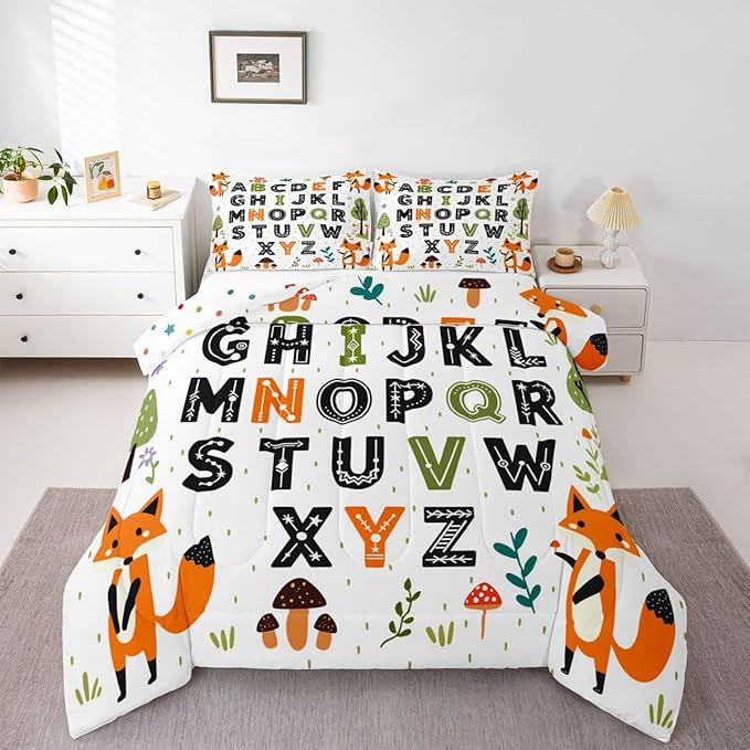 Feelyou Educational Nursery Art Comforter Set Twin Size Alphabet Kids ABC Learning Bedding Set for Kids Boys Girls Cute Fox Duvet Quilt Woodland Animals Bedroom Decor 2 Pcs with 1 Pillow Cases