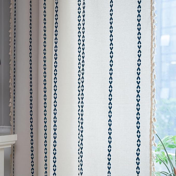 Deeprove Navy Blue Boho Curtains 72 inches Length for Living Room Bedroom Nursery, Vintage Chic Bohemian 72 inches Long Embroidery Farmhouse Tassel Privacy Window Treatments W52 x L72, 1 Panel