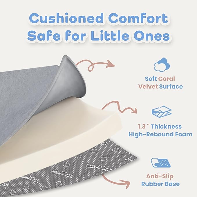 1.3" Thick Baby Floor Play Mat 59x71, Basic Padded Foam Mat for Tummy Time Crawling, Non Slip Cushioned for Babies Toddlers Infants Kids (Light Grey)