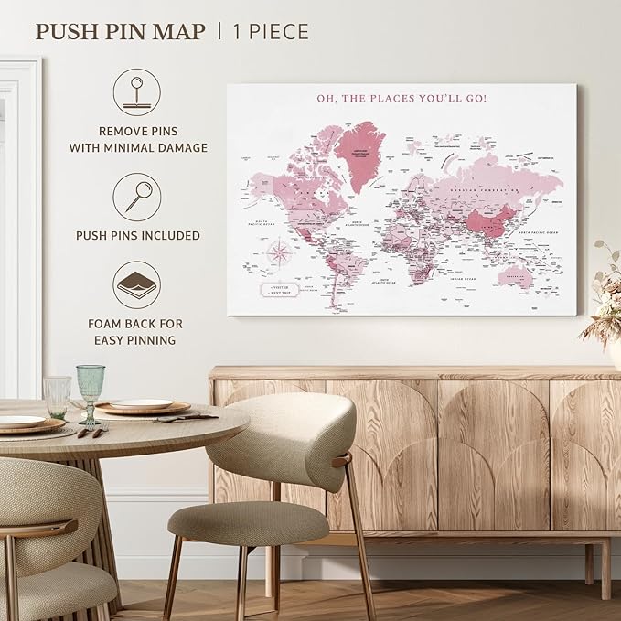 ElephantStock - Places You'll Go Push Pin World Map Wall Art - Horizontal Canvas Wall Art - Living Room Wall Decor - Digital Art Map Canvas Art - White And Pink Decor - 12" x 8"