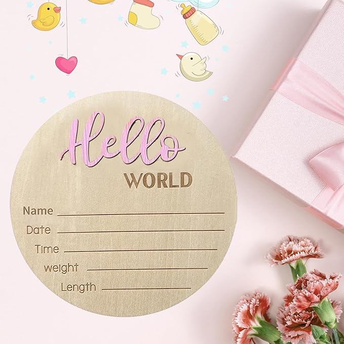 Baby Announcement Sign, 5.9 Inch Wooden Hello World Newborn Signs, Birth Announcement Sign, Baby Shower Hospital Nursery for Newborn Boys and Girls… (Light Pink)
