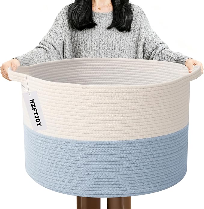 Large Blanket Basket for Organizing,65L Closet Organizers and Storage Bins Box for Shelves Woven Rope Storage Baskets,Living Room,Bedroom,Dorm,Laundry room (White&Blue)